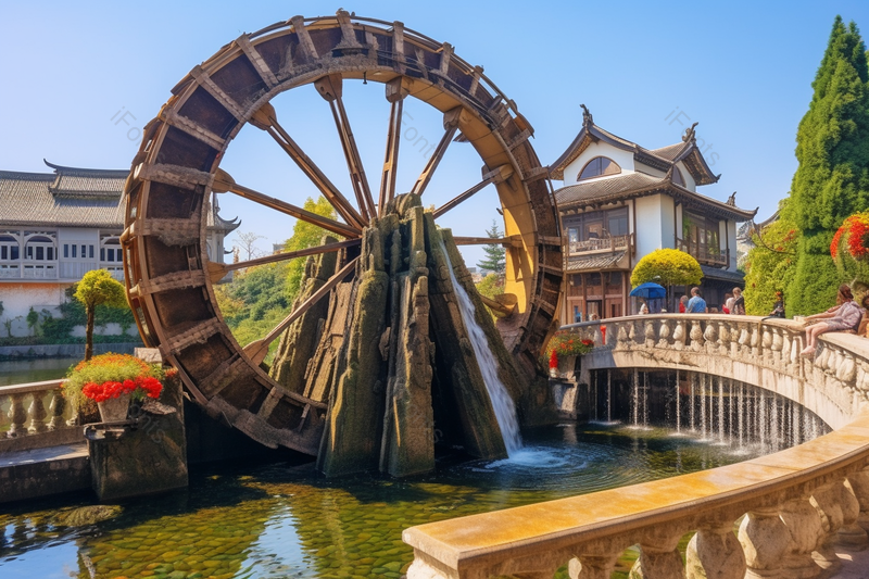 蓝色的天空户外园区公园水车景点摄影背景,高清,摄影图,摄影图片,图片大全,摄影图免费下载